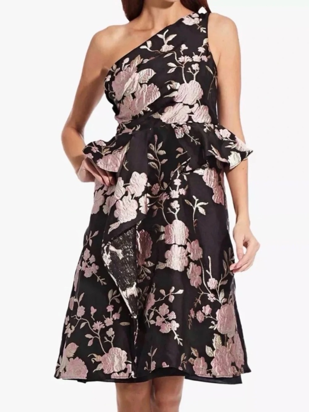 NWT Adrianna Papell Black & Pink Floral One-Shoulder Jacquard Dress Sz 12
